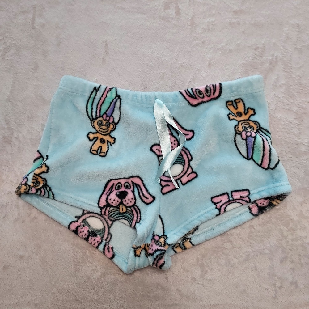 Trolls Plush Fleece Pajama Shorts Blue All Over Print L Cozy Loungewear